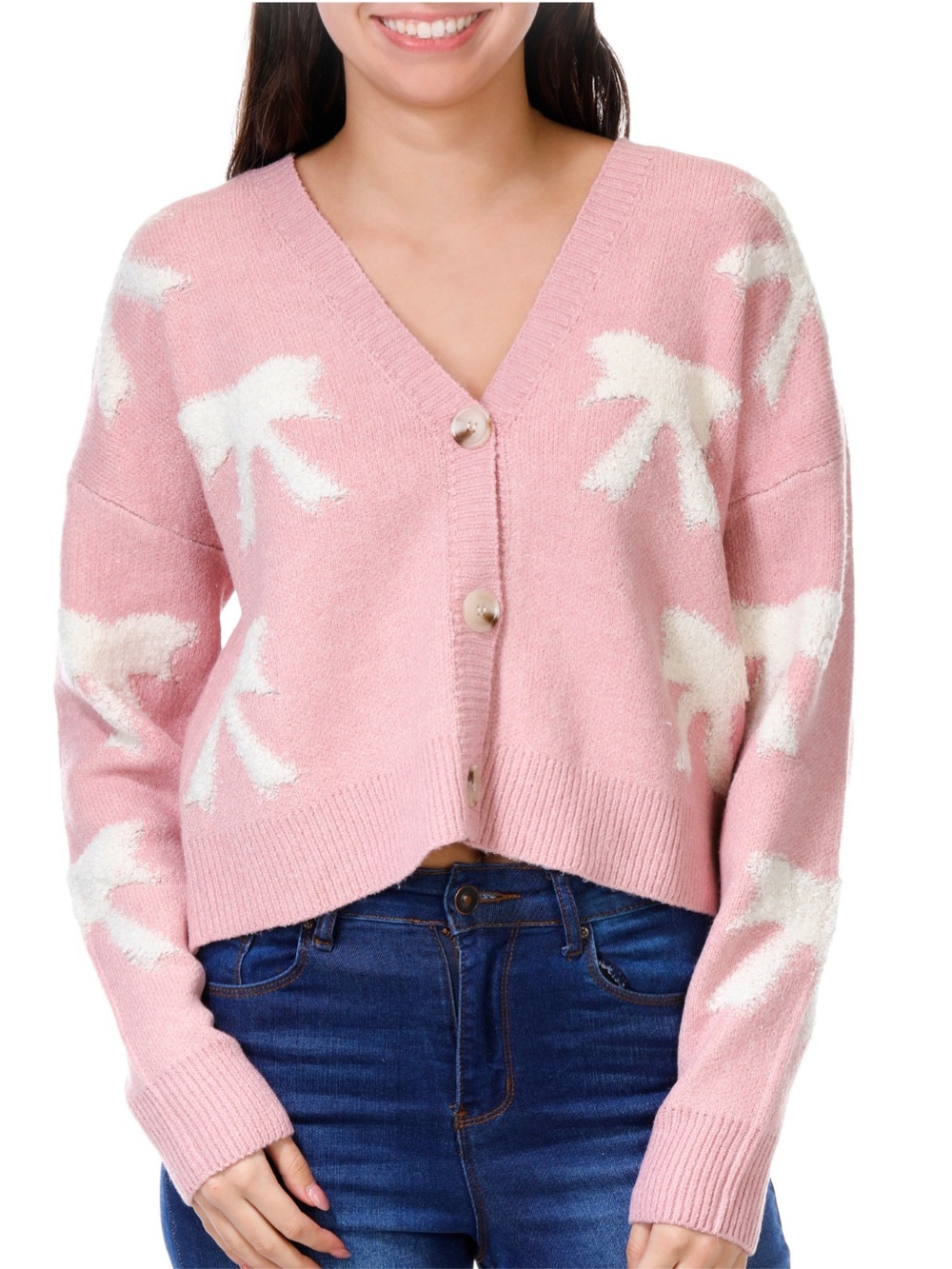 NWT No Comment Pink Bow Motif Cardigan Sweater Size M